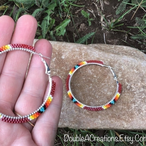 Red with Native Colors Beaded Hoops, New, Handmade by Me - Picture 5 of 8